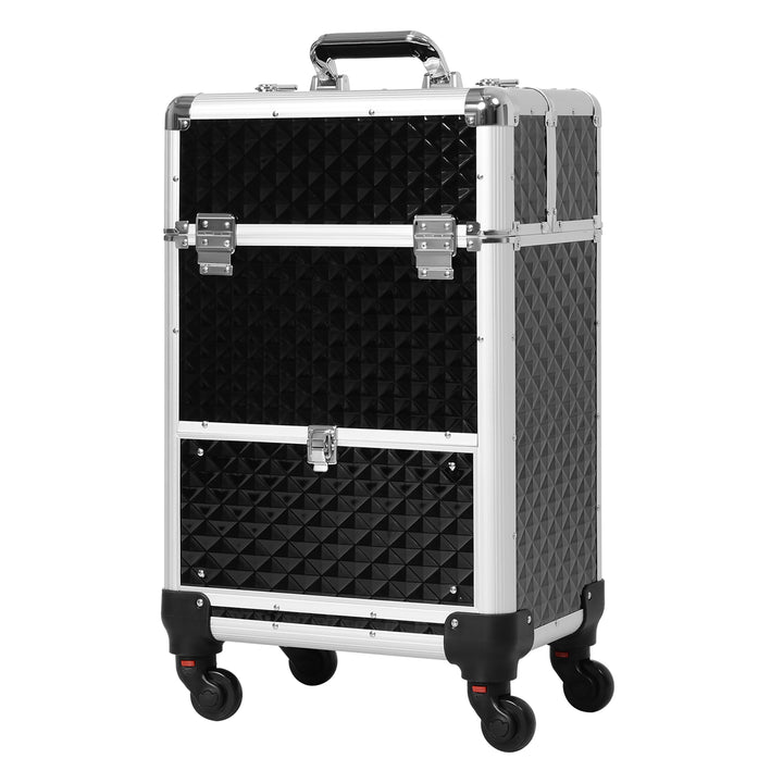 HOMCOM Portable Aluminum Makeup Train Cases, Rolling Makeup Case, Salon Beauty Cosmetic Jewelry Organizer Trolley with 4 Wheels, Pink