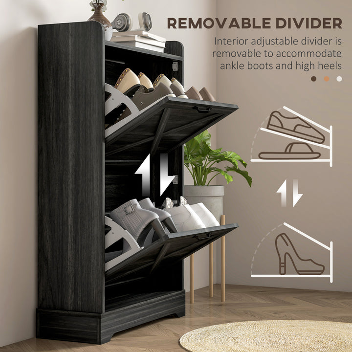 HOMCOM Slim Shoe Storage Cabinet, Farmhouse Shoe Cabinet with 2 Flip Drawers, Adjustable Shelves for 8 Pairs, Distressed Grey