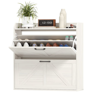 HOMCOM Narrow Shoe Storage Cabinet, Farmhouse Slim Shoe Cabinet with 2 Flip Drawers, Adjustable Shelves, White Oak