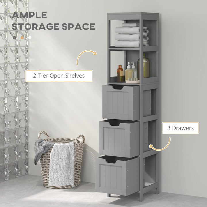 kleankin Narrow Bathroom Cabinet with 3 Drawers and 2 Tier Shelf, Tall Cupboard Freestanding Linen Tower, White