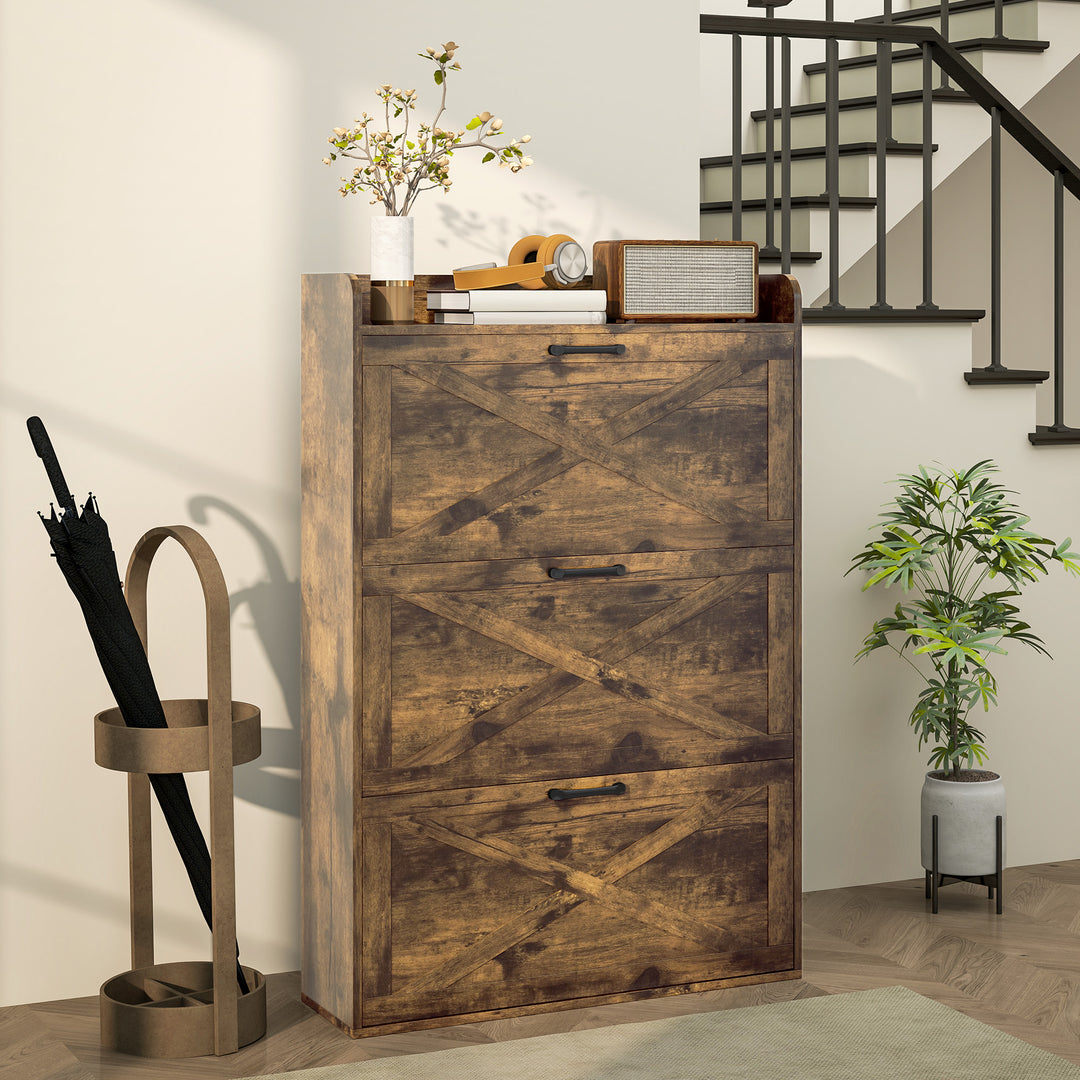 HOMCOM Narrow Shoe Storage Cabinet Farmhouse Shoe Cabinet with 3 Flip Drawers Adjustable Shelves for Entryway White Oak
