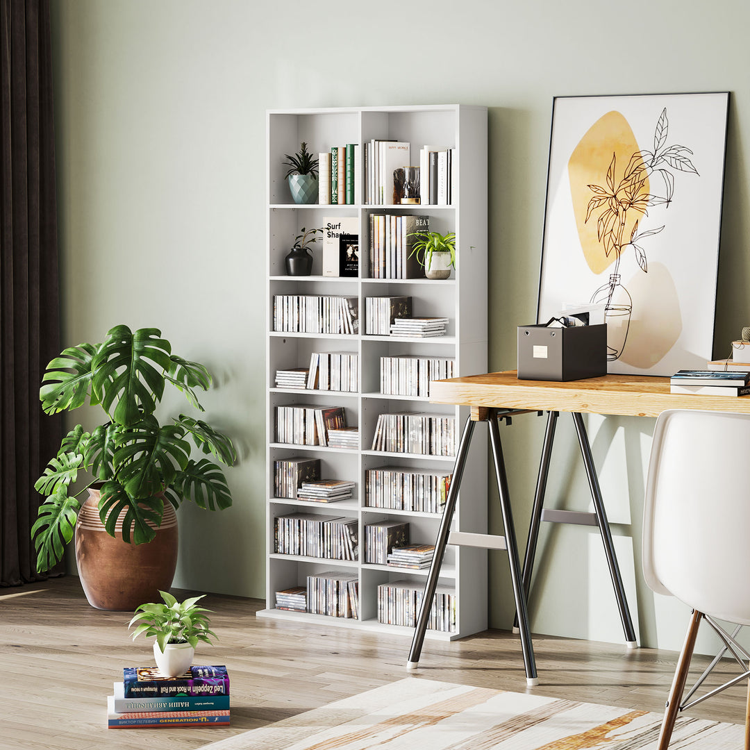 HOMCOM 9-Tier DVD Shelf with 18 Compartments and 14 Adjustable Shelves, Holds 640 CDs, 360 DVDs or 430 Blu-rays, White