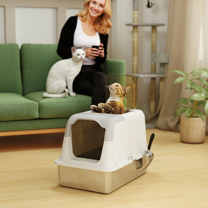 PawHut Extra Large Stainless Steel Litter Box, Enclosed Kitty Litter Box for Big Cats with Scoop, Deodorizer Bag