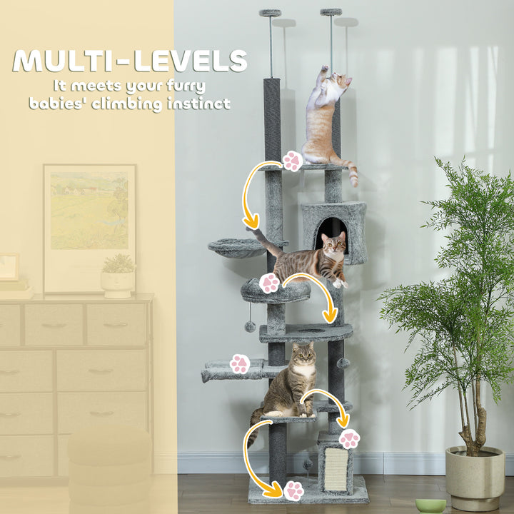 PawHut 89" -100" Adjustable Height Floor to Ceiling Cat Tree, Multi Levels Cat Climbing Tower with Scratching Posts