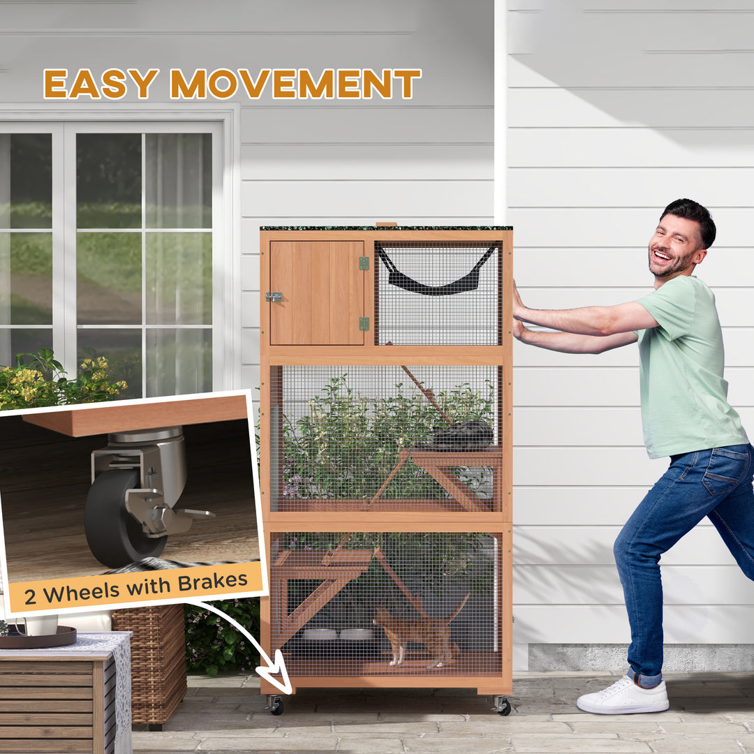 PawHut 34" L Catio Outdoor Cat Enclosure on Wheels with Hammock Multiple Platforms Resting Condo Ramps, for 1-3 Cats, Orange