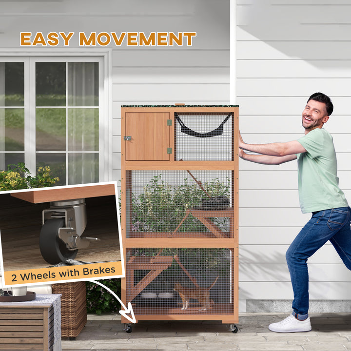 PawHut 34" L Catio Outdoor Cat Enclosure on Wheels with Hammock Multiple Platforms Resting Condo Ramps, for 1-3 Cats, Orange