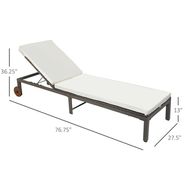 Outsunny Patio Rattan Sun Lounger with 4-Level Adjustable Backrest and Wheels, Wicker Chaise Lounge Chair with Cushion, for Patio, Deck, Poolside Cream White