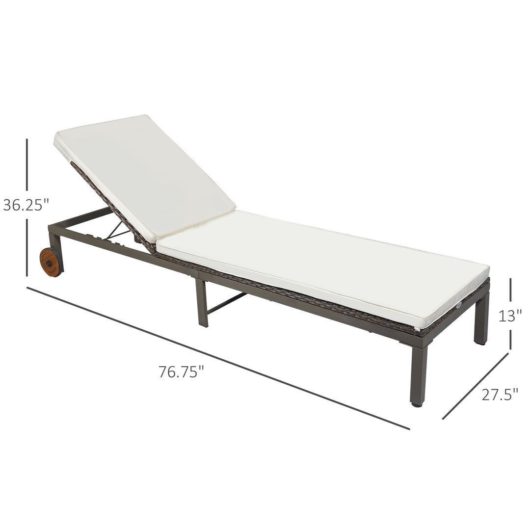 Outsunny Patio Rattan Sun Lounger with 4-Level Adjustable Backrest and Wheels, Wicker Chaise Lounge Chair with Cushion, for Patio, Deck, Poolside Cream White