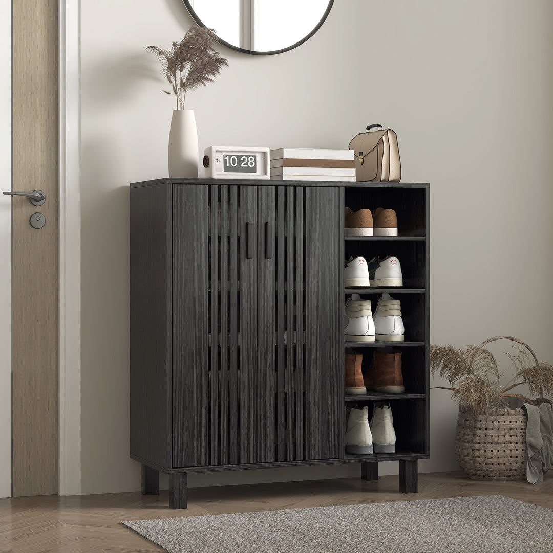 HOMCOM Shoe Storage with Double Doors and Open Shelves 17 Pair Shoe Storage Organizer for Entryway Hallway Walnut