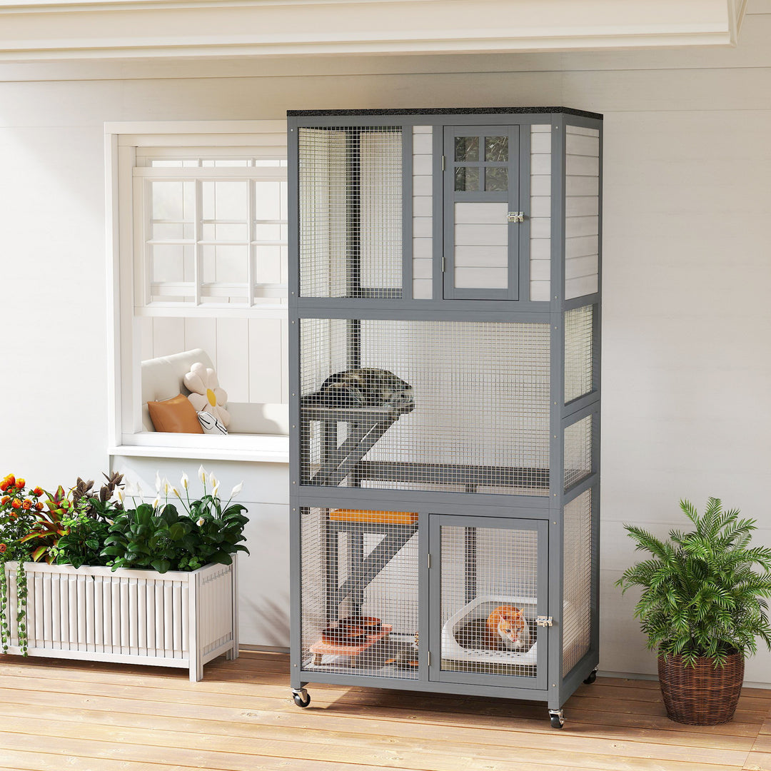 PawHut 74" Wooden Outdoor Cat House Weatherproof & Wheeled with High Weight Capacity, Kitten Cage Condo, Light Grey