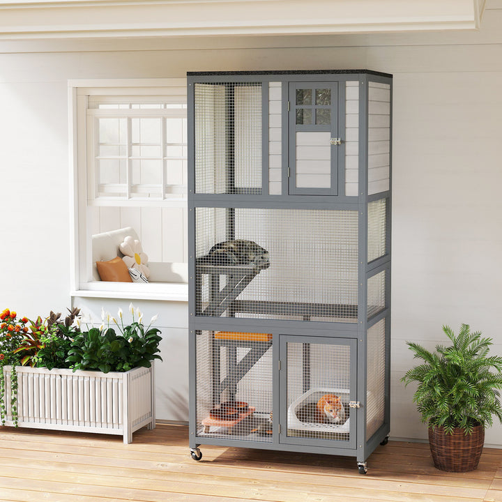 PawHut 74" Wooden Outdoor Cat House Weatherproof & Wheeled with High Weight Capacity, Kitten Cage Condo, Light Grey