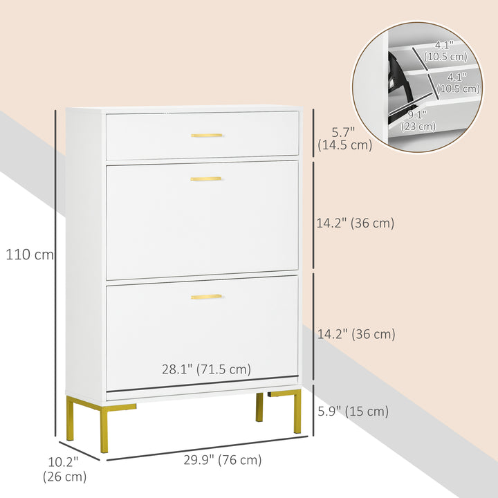 HOMCOM Modern Shoe Cabinet Storage 12 Pair Shoe Organizer with 2 Flip Doors Drawer and Adjustable Shelf White
