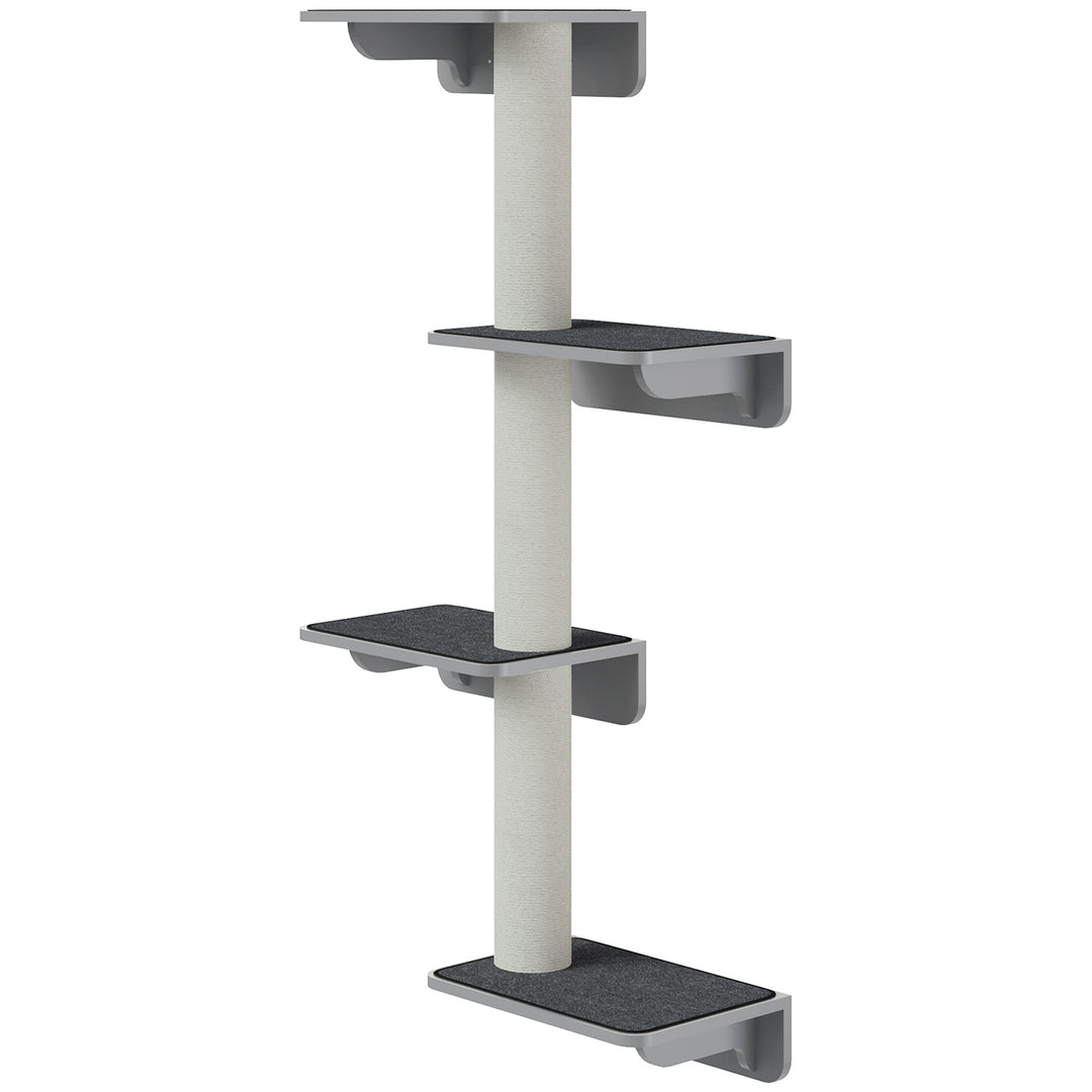 PawHut Wall-Mounted Cat Shelf with 4 Platforms and 3 Scratching Posts, Cat Wall Climber for Climbing and Lounging, Light Grey