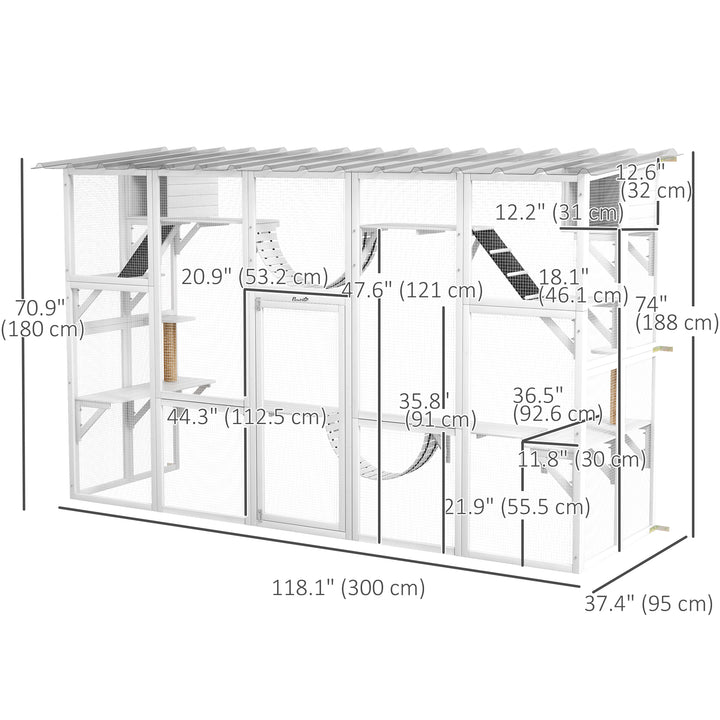 PawHut Large Outdoor Catio with Condos, Platforms, Doors, Ladders, Weather-Resistant Roof, Orange