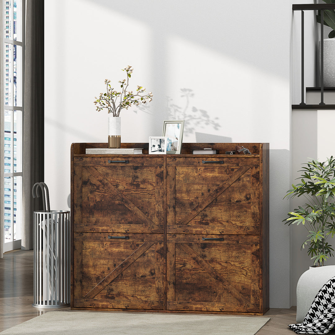 HOMCOM Narrow Shoe Storage Cabinet with 4 Flip Drawers, Adjustable Shelves, 16 Pair Farmhouse Shoe Cabinet, Rustic Brown