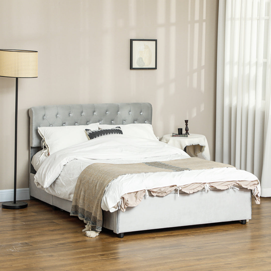 HOMCOM Full Bed Frame with Headboard, Double Bed Frame with 2 Drawers, No Box Spring Needed, Easy Assembly, Light Grey