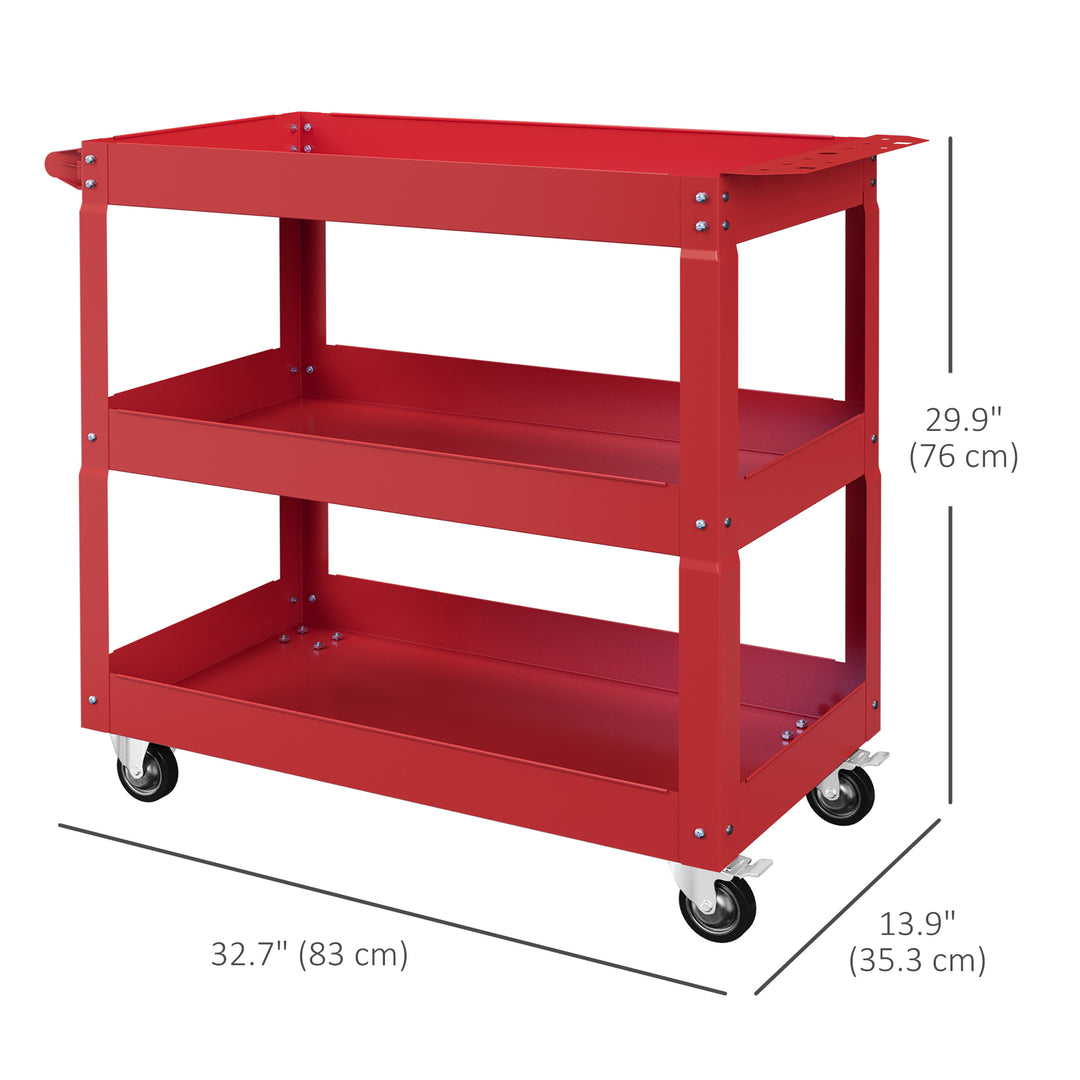 DURHAND 3 Tier Rolling Tool Cart with Wheels, 330 LBS Capacity Heavy Duty Utility Cart, Mobile Service Cart for Garage, Red