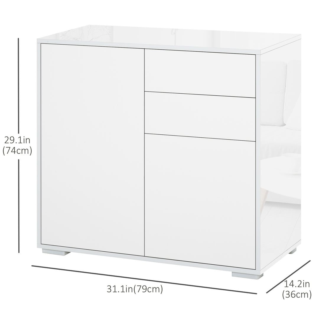 HOMCOM High Gloss Buffet Sideboard with 2 Drawers, 2 Doors and Adjustable Shelf, Kitchen Storage Cabinet with Push Open Design, White