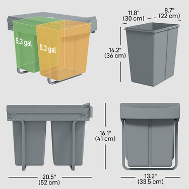 HOMCOM Pull Out Trash Can Under Cabinet, 10.6 Gallon (40L) Slide Out Garbage Can with 2 Removable Compartments, Grey