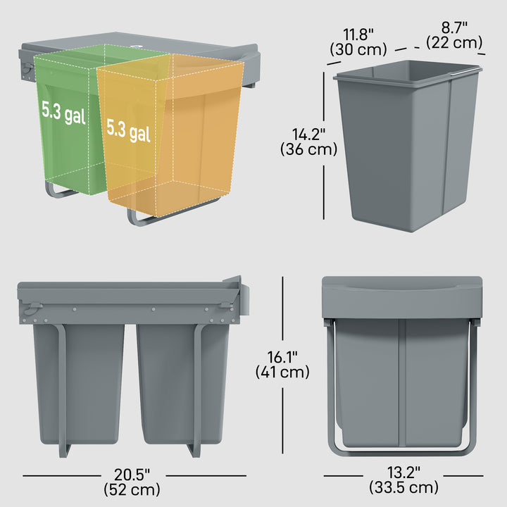 HOMCOM Pull Out Trash Can Under Cabinet, 10.6 Gallon (40L) Slide Out Garbage Can with 2 Removable Compartments, Grey