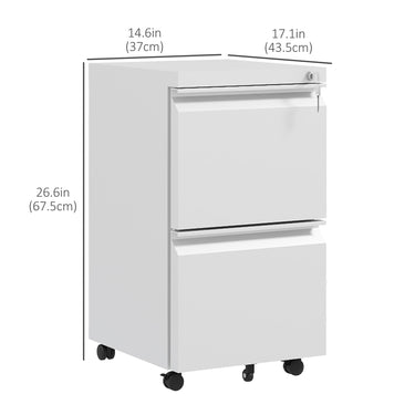 Vinsetto Mobile Vertical Filing Cabinet with Lock, 2-Drawer Steel File Cabinet with Adjustable Hanging Bar for Letter, A4 and Legal Size, White