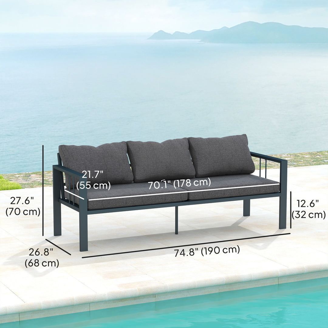 Outsunny Aluminum Garden Sofa, 3-Person Outdoor Couch, Backyard Furniture for 3-person with Cushions, 72.8" x 26" x 25.2", Grey