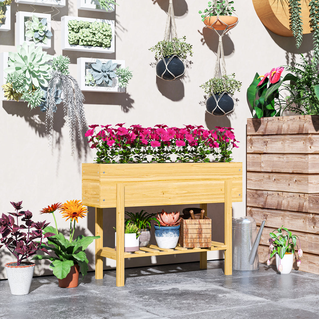 Outsunny Raised Garden Bed with Legs, Elevated Box Planter with Storage Shelf, Bed Liner for Backyard Patio, Natural Wood