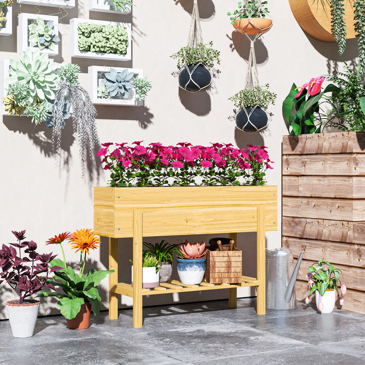 Outsunny Raised Garden Bed with Legs, Elevated Box Planter with Storage Shelf, Bed Liner for Backyard Patio, Natural Wood