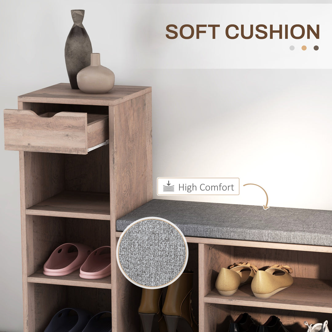 HOMCOM Upholstered Shoe Storage Bench w/ Seat, Entrance Bench w/ Drawer and 6 Open Shelves for Hallway, White