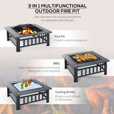 Outsunny 34" Outdoor Square Firepit Steel Stove Portable with Spark Screen Cover Log Grate Poker and Rain Cover for Outside Wood Burning and Camping Black