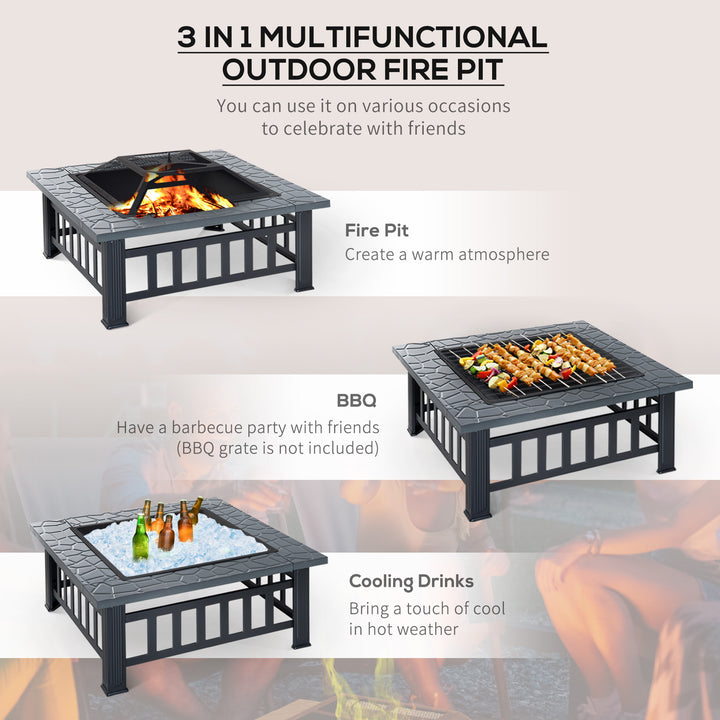 Outsunny 34" Outdoor Square Firepit Steel Stove Portable with Spark Screen Cover Log Grate Poker and Rain Cover for Outside Wood Burning and Camping Black