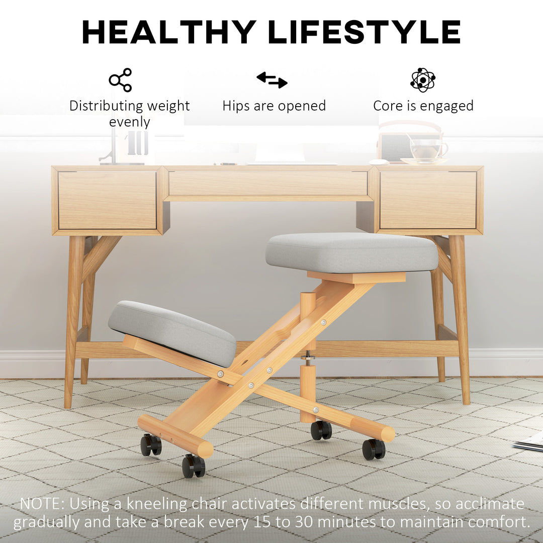 HOMCOM Ergonomic Kneeling Chair, Posture Chair with Rubberwood Frame, Wheels for Home Office, Posture Correction, Cream White