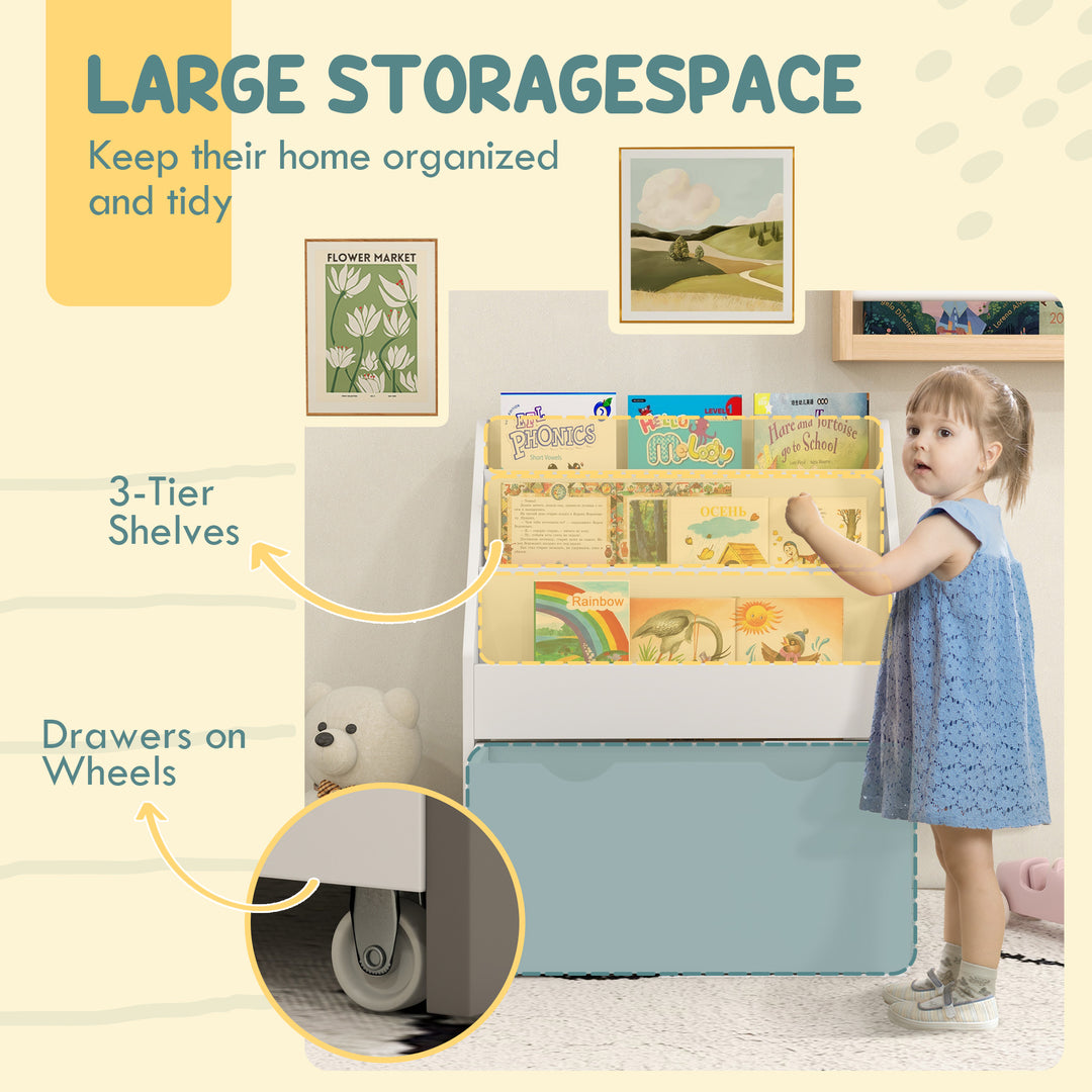 Qaba Kids Bookshelf with 3 Tier Display Shelves, Drawer for Nursery, White
