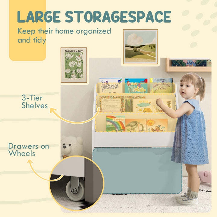 Qaba Kids Bookshelf with 3 Tier Display Shelves, Drawer for Nursery, White