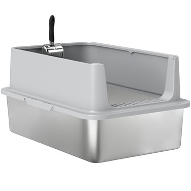 PawHut XL Stainless Steel Cat Litter Box for Big and Multiple Cats with High Wall Side, Scoop, Easy Cleaning & Odor Free