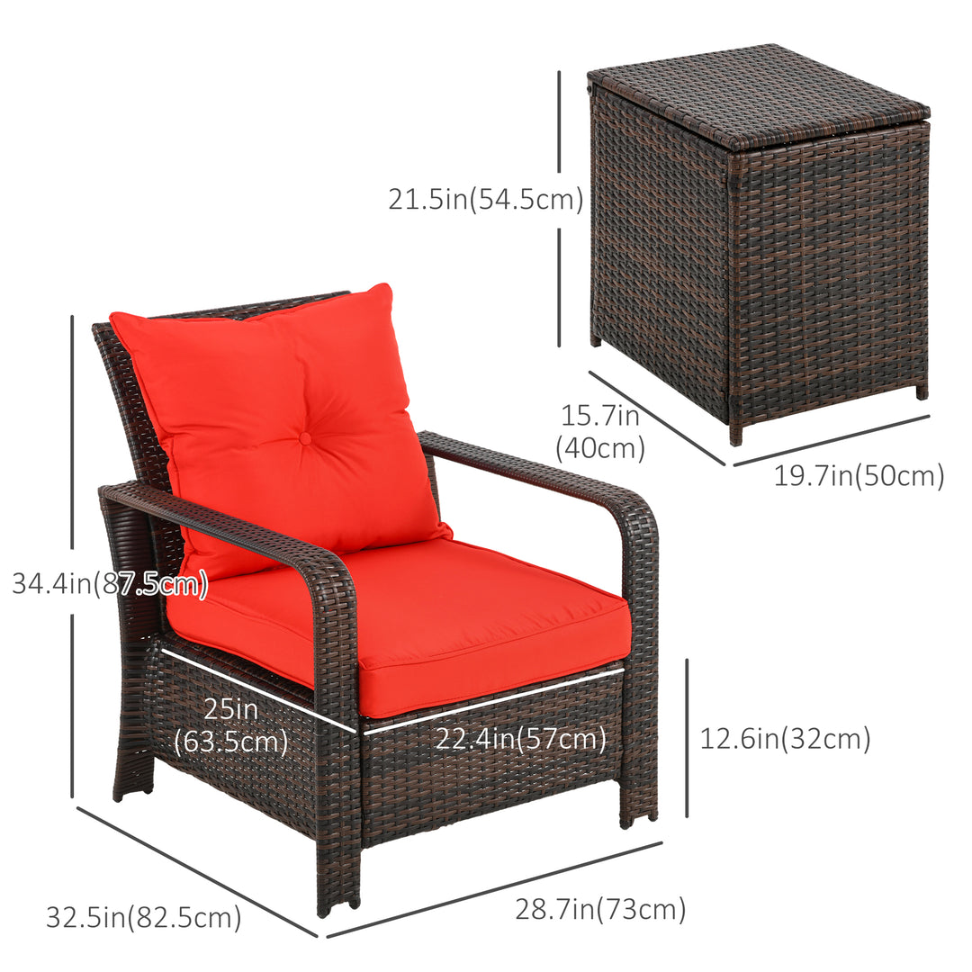 Outsunny 3 Pieces Wicker Patio Furniture Set, Rattan Bistro Set with Storage Coffee Table and Thickened Cushions, Outdoor Conversation Set for Garden, Porch, Balcony, Red
