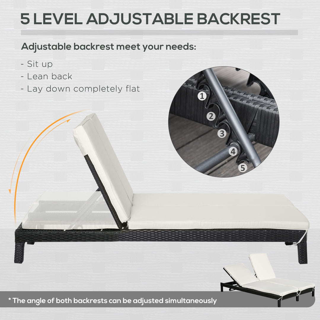 Outsunny Wicker Double Chaise Lounge Chair Outdoor Recliner 2 Person Rattan Patio Reclining Sunbed Furniture Cushioned w/Adjustable Backrest, Cream White