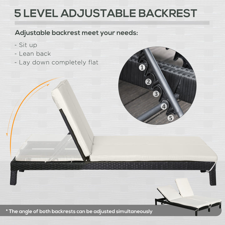 Outsunny Wicker Double Chaise Lounge Chair Outdoor Recliner 2 Person Rattan Patio Reclining Sunbed Furniture Cushioned w/Adjustable Backrest, Cream White