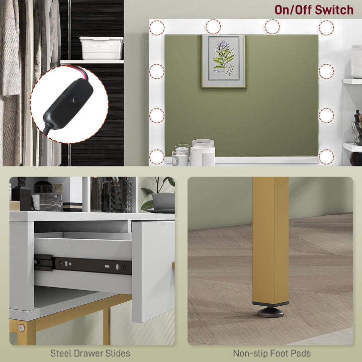 HOMCOM Illuminated Dressing Table, LED Vanity Table with Mirror, 3 Drawers and Storage Shelves for Bedroom, White