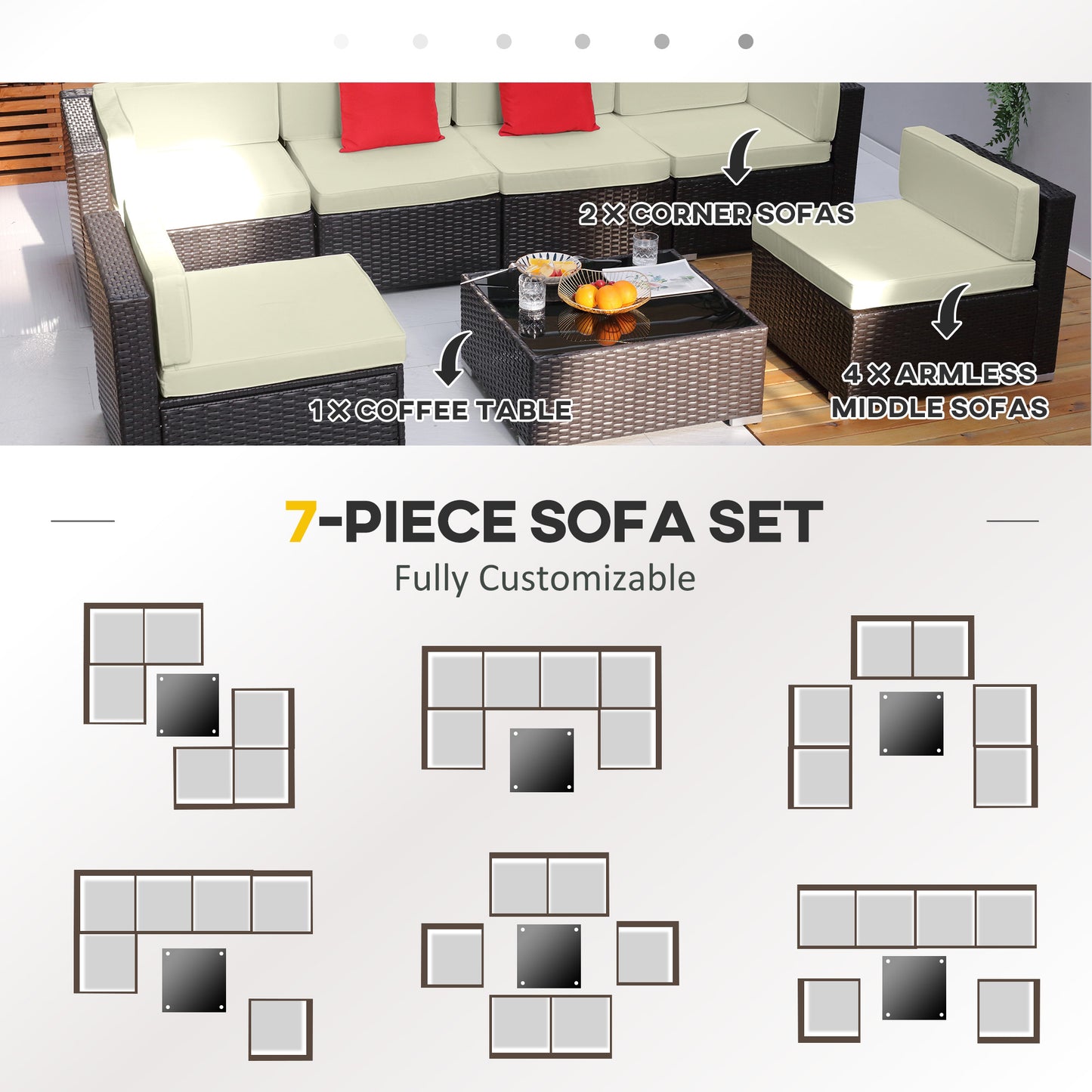 Outsunny 7 Pieces Outdoor Rattan Furniture Set, Patio Wicker Sectional Conversation Sofa Set, Blue