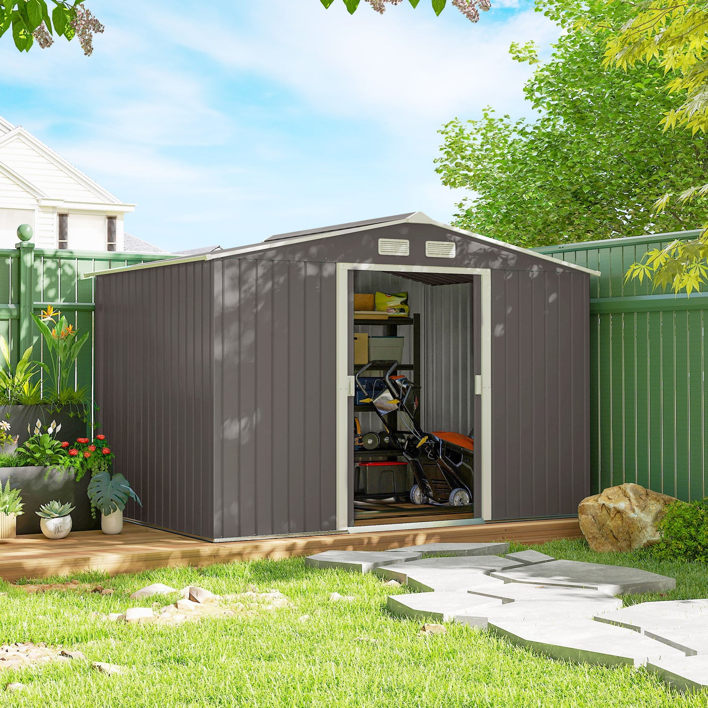 Outsunny 9.1'x6.4'x6.3' Garden Storage Shed w/ Foundation Kit Metal Tool Storage House w/ Double Doors Light Green