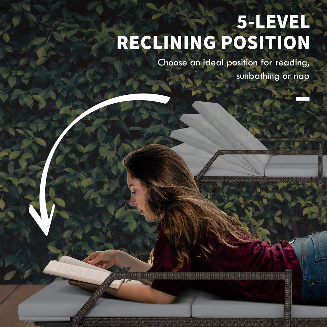 Outsunny Wicker Chaise Lounger with 5-Level Adjustable Backrest, Light Grey