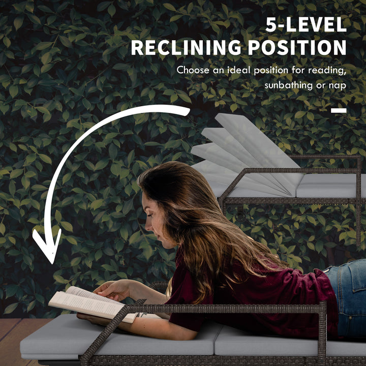 Outsunny Wicker Chaise Lounger with 5-Level Adjustable Backrest, Light Grey