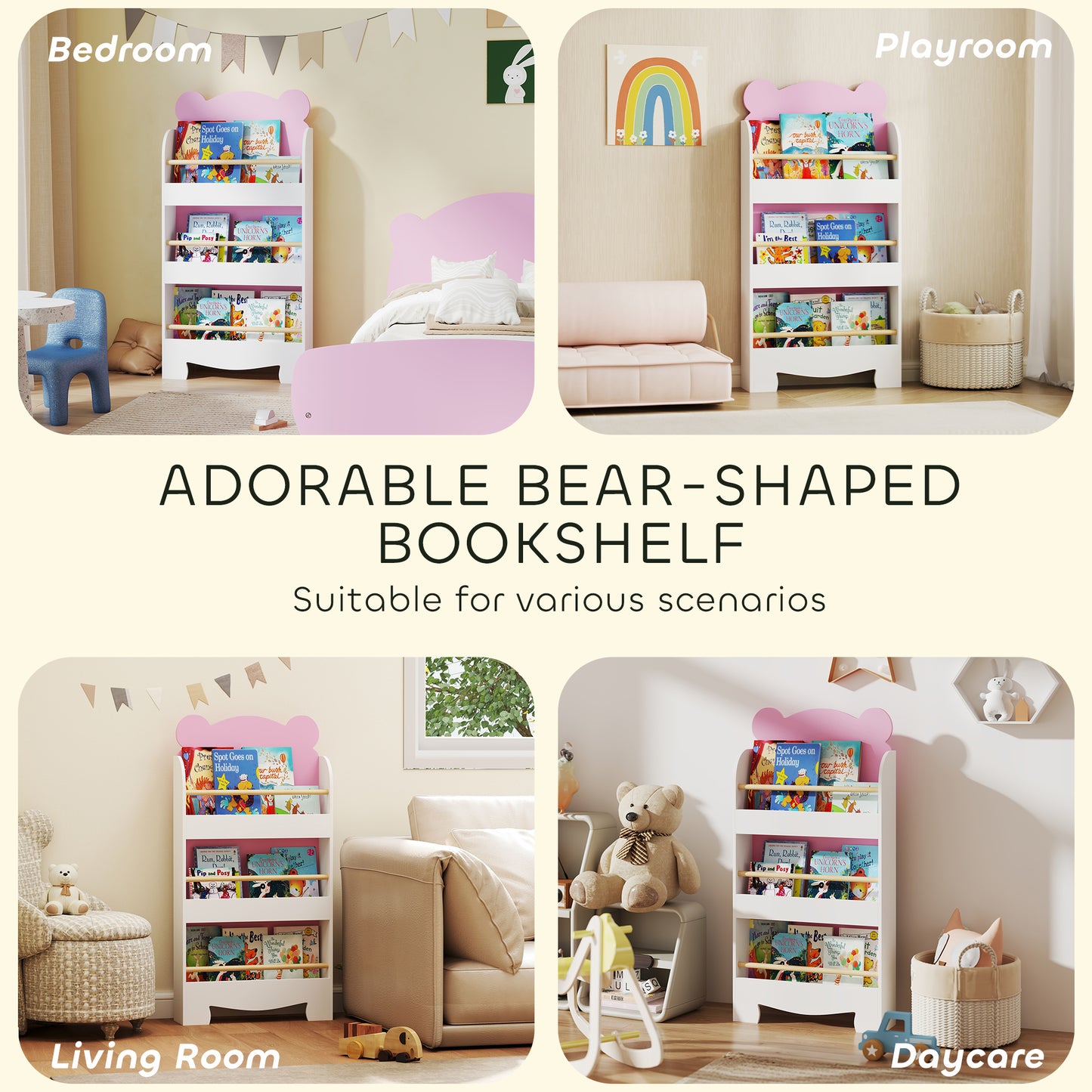Qaba 3-Tier Bear Theme Kids Bookshelf with Anti-tipping Device for Living Room, Kids Room, Playroom, Pink