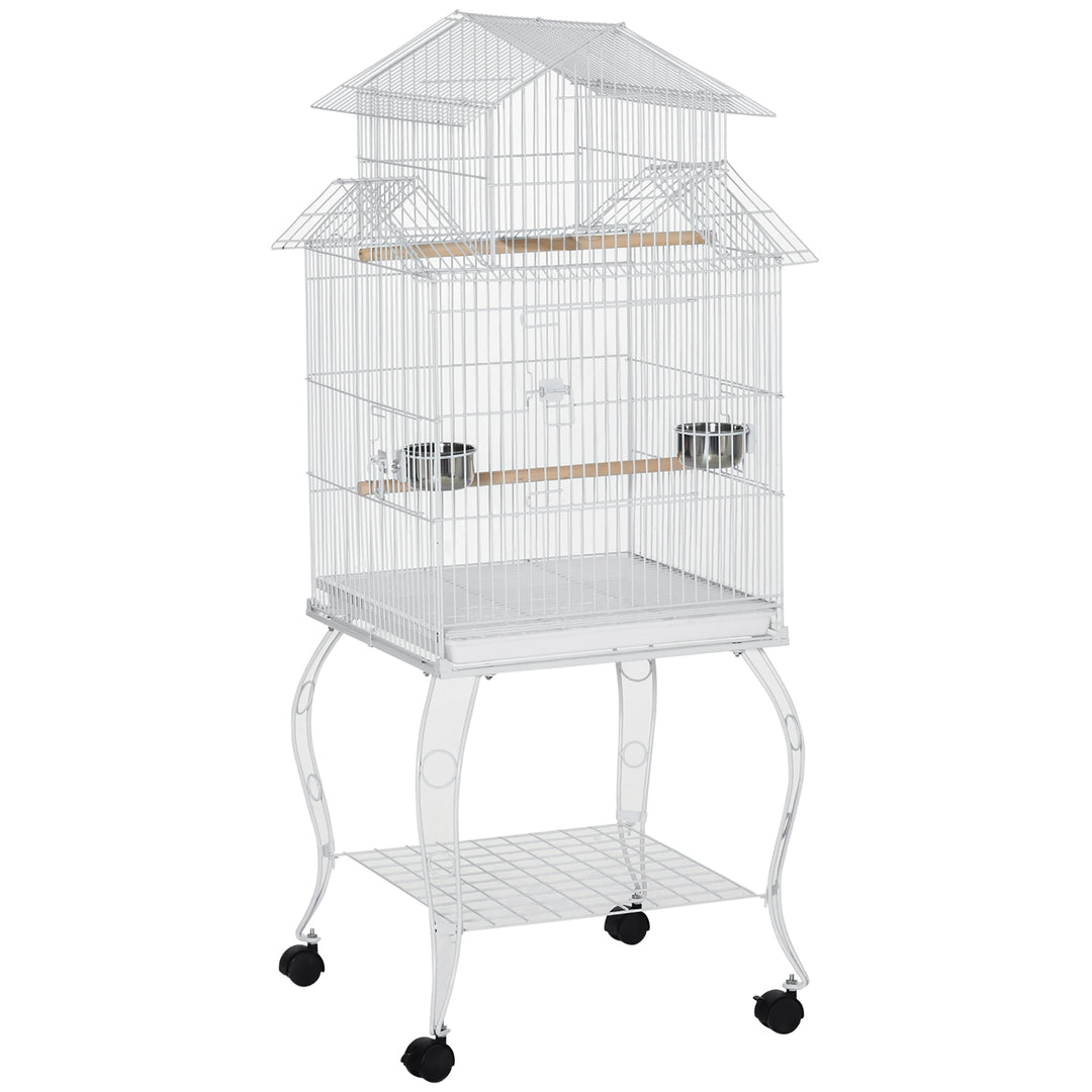 PawHut 53.9'' Large Rolling Steel Bird Cage Bird House with Detachable Rolling Stand, Storage Shelf, Wood Perch, Food Container, Black