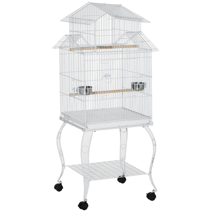 PawHut 53.9'' Large Rolling Steel Bird Cage Bird House with Detachable Rolling Stand, Storage Shelf, Wood Perch, Food Container, Black