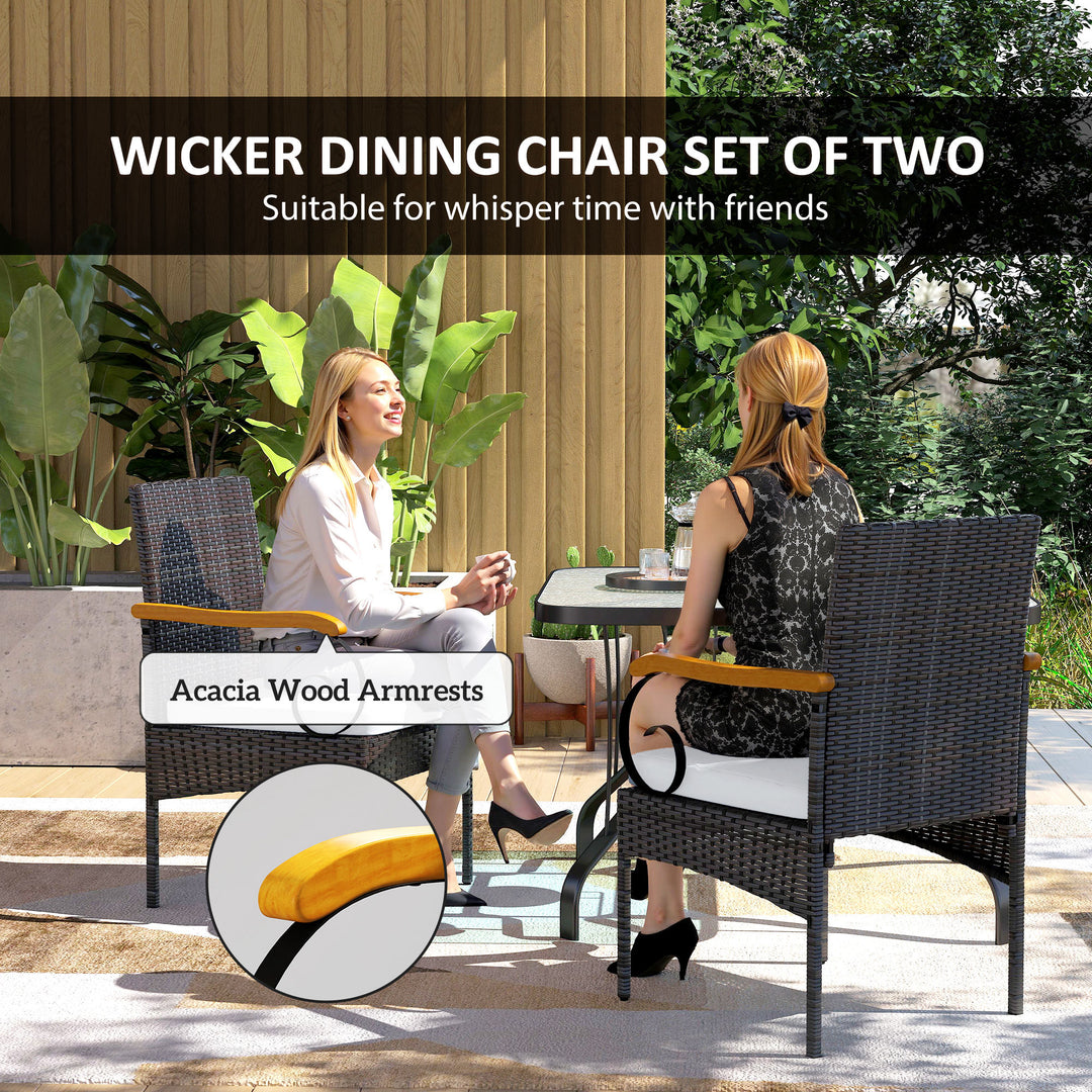 Outsunny Set of 2 Rattan Outdoor Dining Chairs, Wicker Patio Chairs with Removable Cushion, Acacia Wood Armrests, Light Grey
