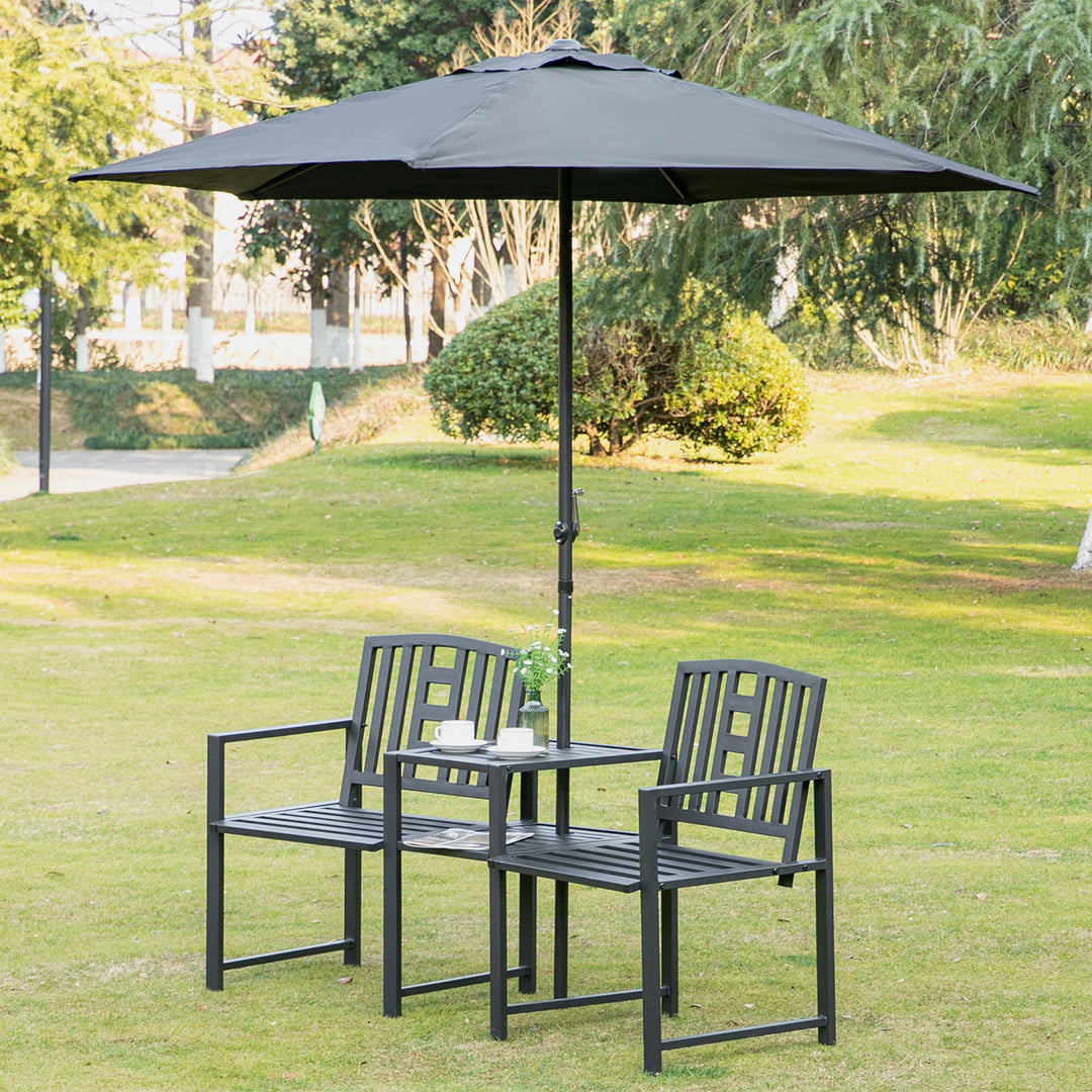 Outsunny Metal Outdoor Bench, 2-Seater Garden Bench with Middle Table, Umbrella Hole, Slatted Seat and Backrest, Black