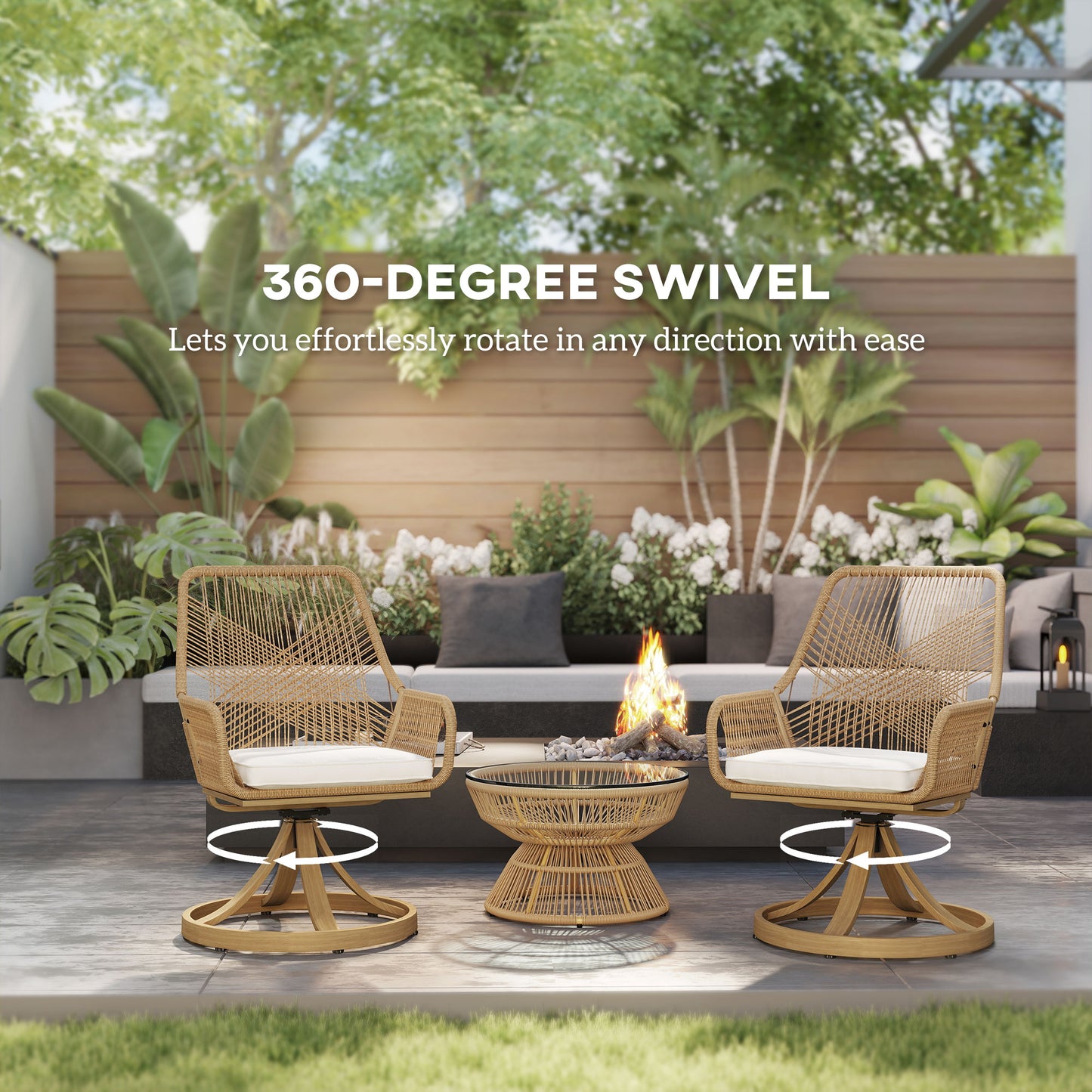 Outsunny Outdoor Swivel Dining Chairs Set of 2, Patio Rattan Chairs with Soft Cushions for Garden, Backyard, Poolside, Khaki