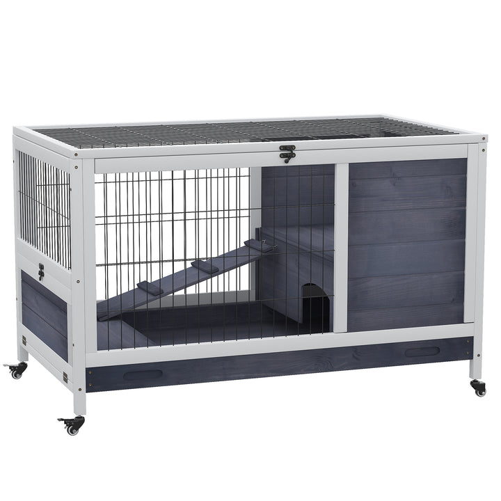 PawHut Wooden Indoor Rabbit Hutch Elevated Bunny Cage Habitat with Enclosed Run with Wheels, Suitable for Rabbits and Guinea Pigs, Grey